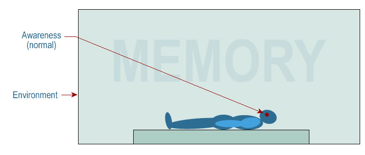 This view shows normal, living consciousness. Normal living conscousness, or point of view, is located inside the mind, as shown here.